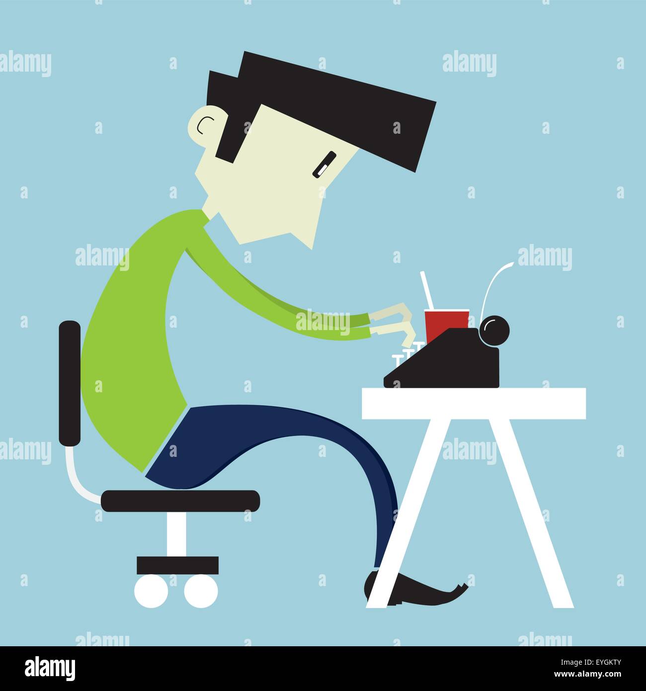 Young boy typing on a typewriter - Flat vector style illustration. Stock Vector