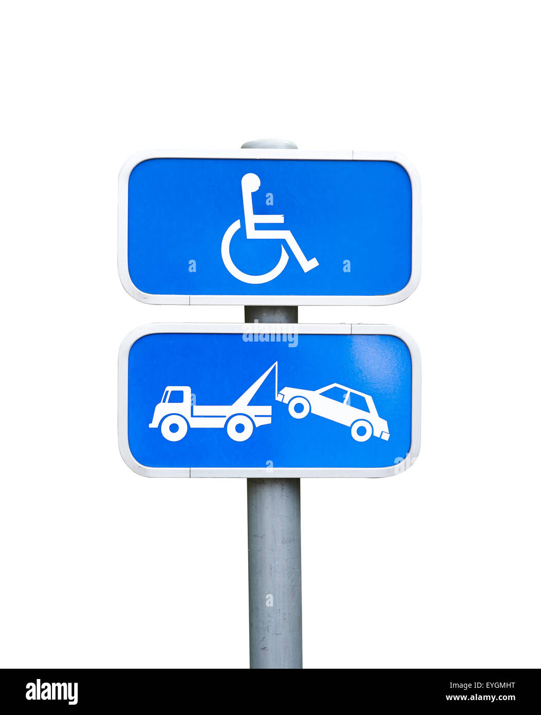 A handicap parking sign and car removal sign Isolated on white with clipping path Stock Photo