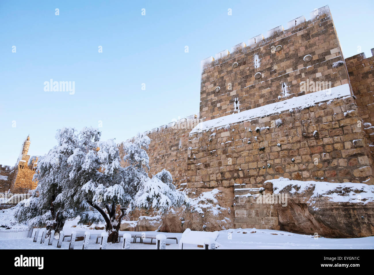 Israel, Old City walls and Tower of David under snow; Jerusalem, 2013 ...