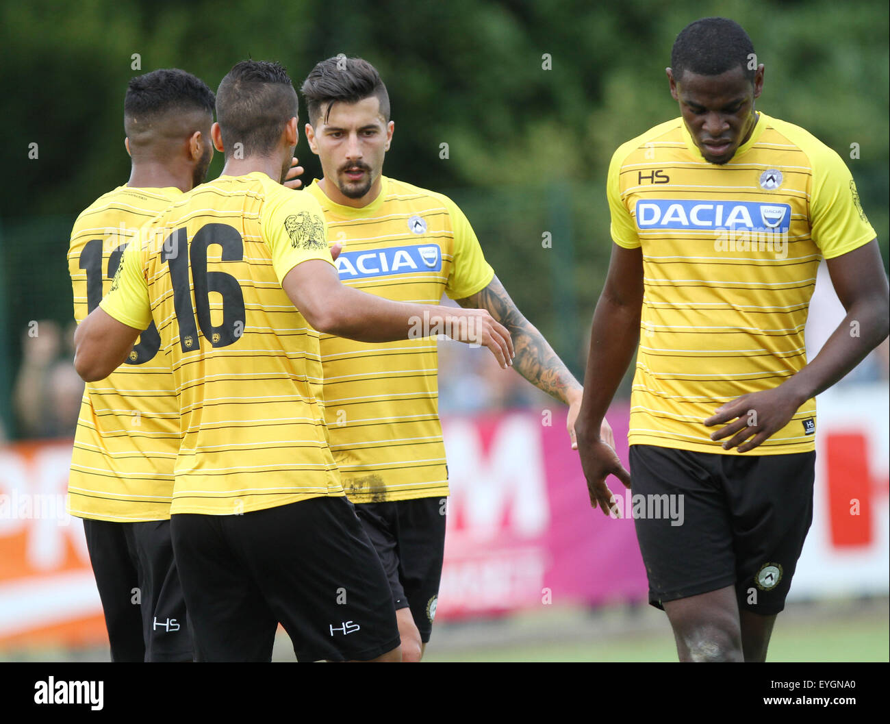 Udine, Italy. 29th July, 2015. Udinese's midfielder Panagiotis Giorgios Kone clebrate a gl with teammates Udinese's forward Duvan Zapata (R) and Udinese's defender Ali Adnan Kadhim with Udinese's forward Rodrigo Sebastian Aguirre Soto during the friendly pre-season football match Udinese Calcio v Clodiense on 29th July, 2015 at Bruseschi training center in Udine, Italy. Credit:  Andrea Spinelli/Alamy Live News Stock Photo