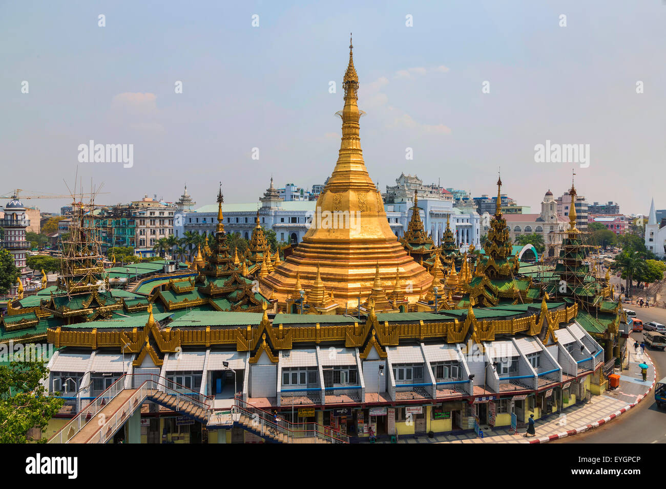 Sule pagoda, Yangon, Myanmar.  Myanmar (Burma) is the most religious Buddhist country in terms of the proportion of monks in the Stock Photo