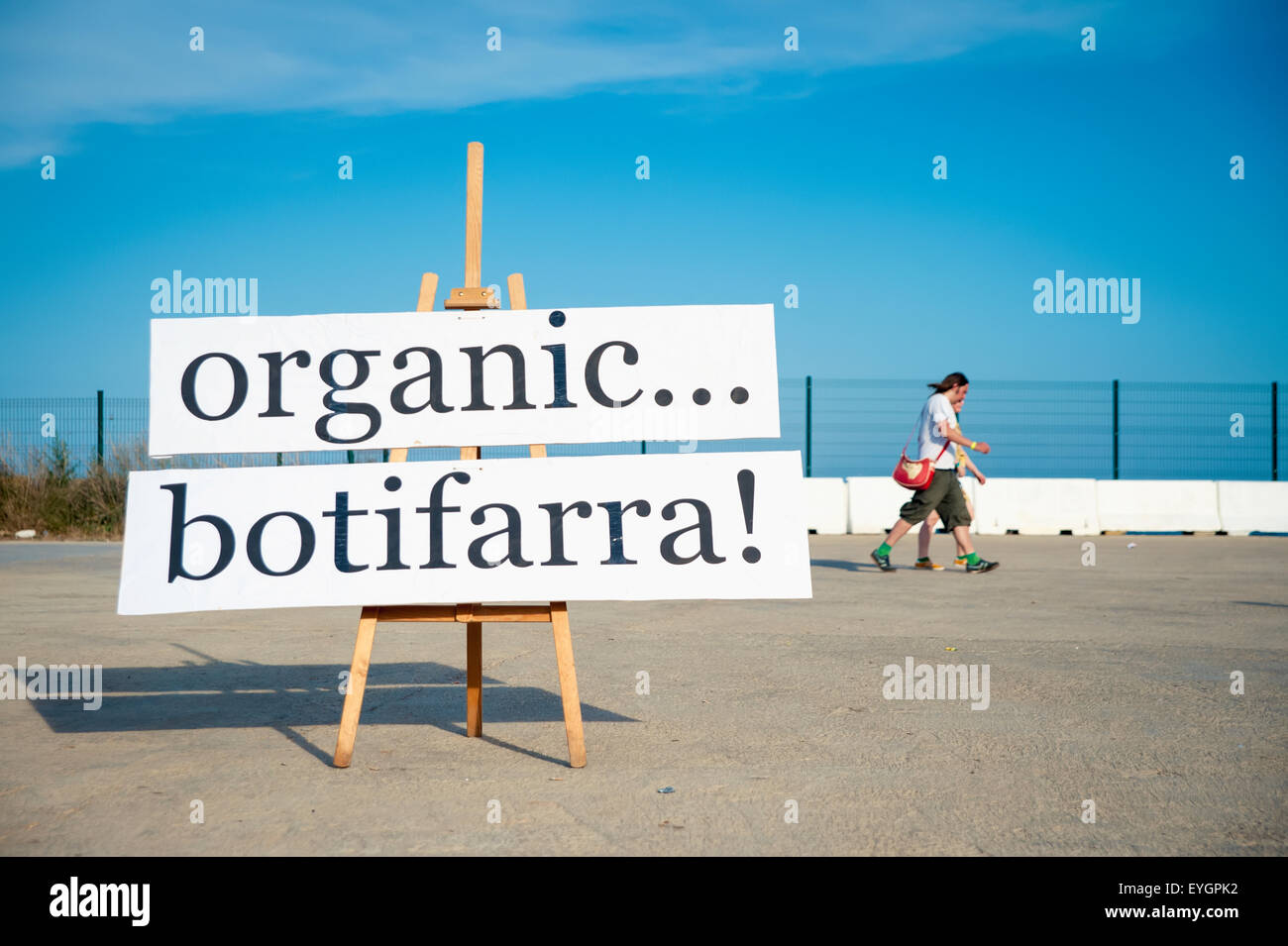 Spain, Parc del Forum; Barcelona, Sing for traditional catalan sausage at Primavera Sound music festival Stock Photo