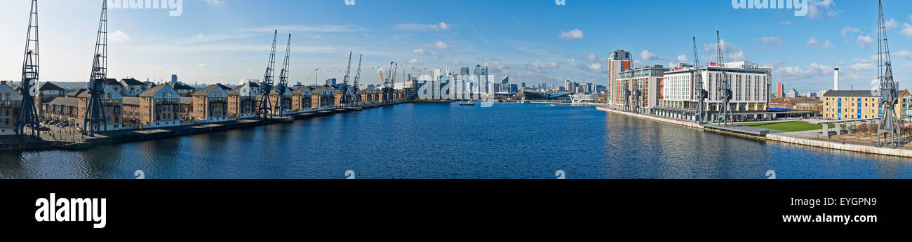 UK, Panoramic view of Canary Wharf from Royal Victoria Docks; London ...