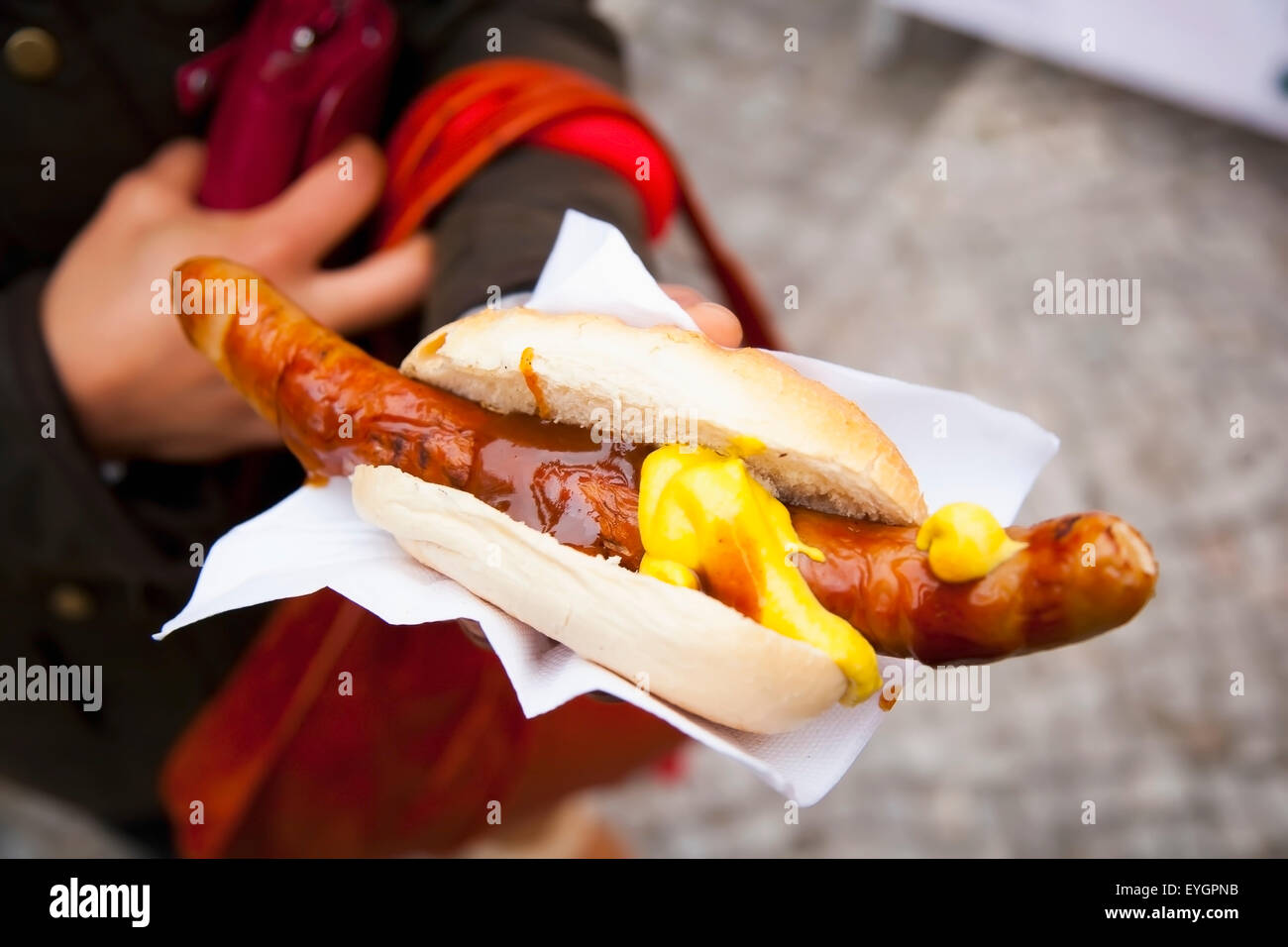 Germany, german style large hotdog Christmas Markets; Berlin, Bratwurst Stock Photo