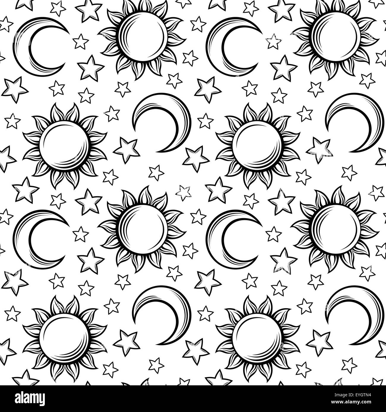Seamless pattern with suns, moons and stars. Vector illustration Stock ...