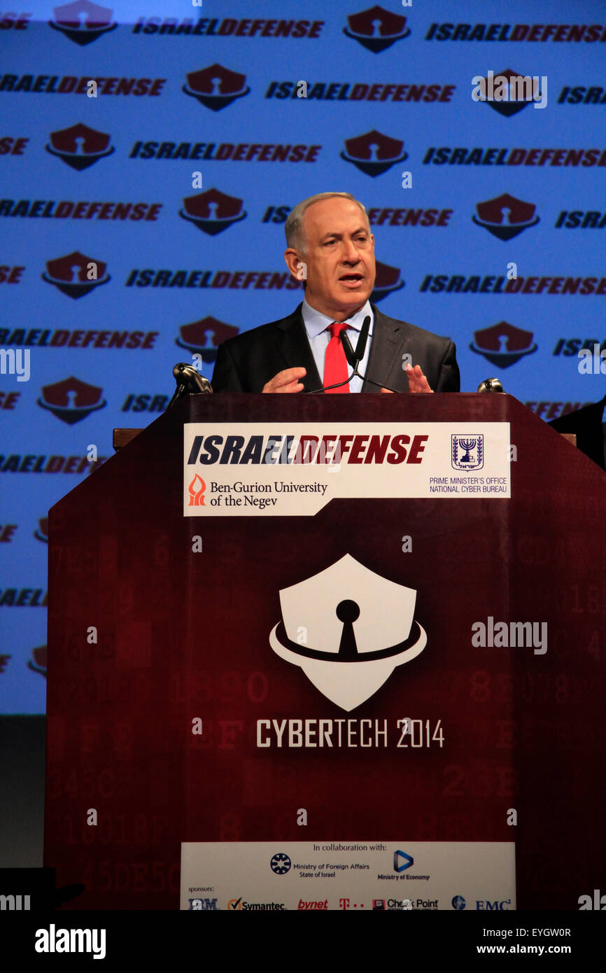 Israeli PM Benjamin Netanyahu opens CyberTech 2014 exhibition & conference in Tel Aviv which is attended by hundreds of international and Israeli companies Stock Photo