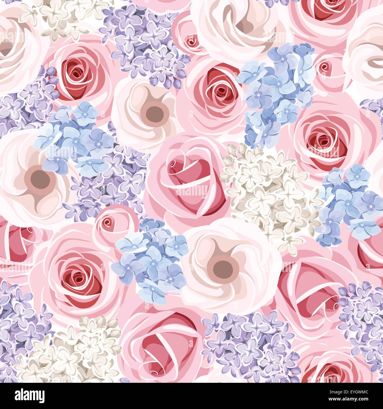 Seamless pattern with pink roses and lilac flowers. Vector illustration ...