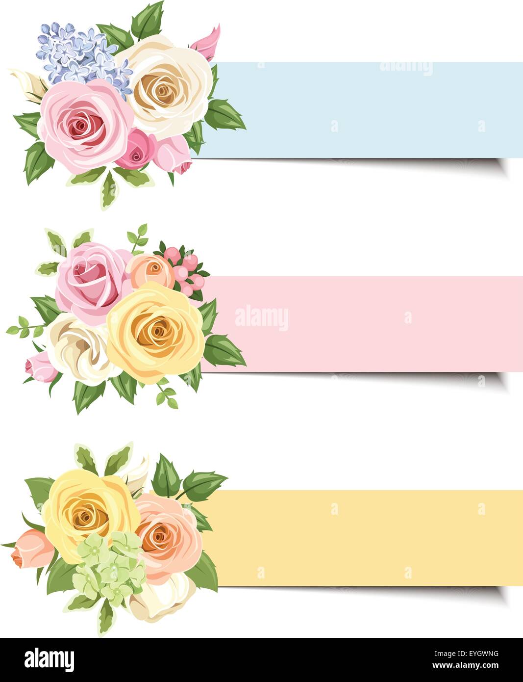 Vector banners with colorful roses and lisianthus flowers. Stock Vector