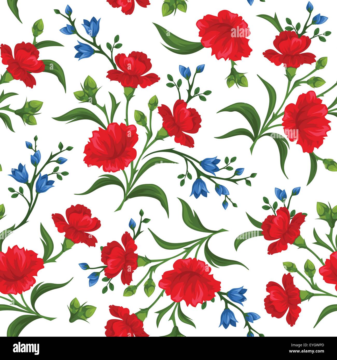 Seamless pattern with red and blue flowers. Vector illustration. Stock Vector