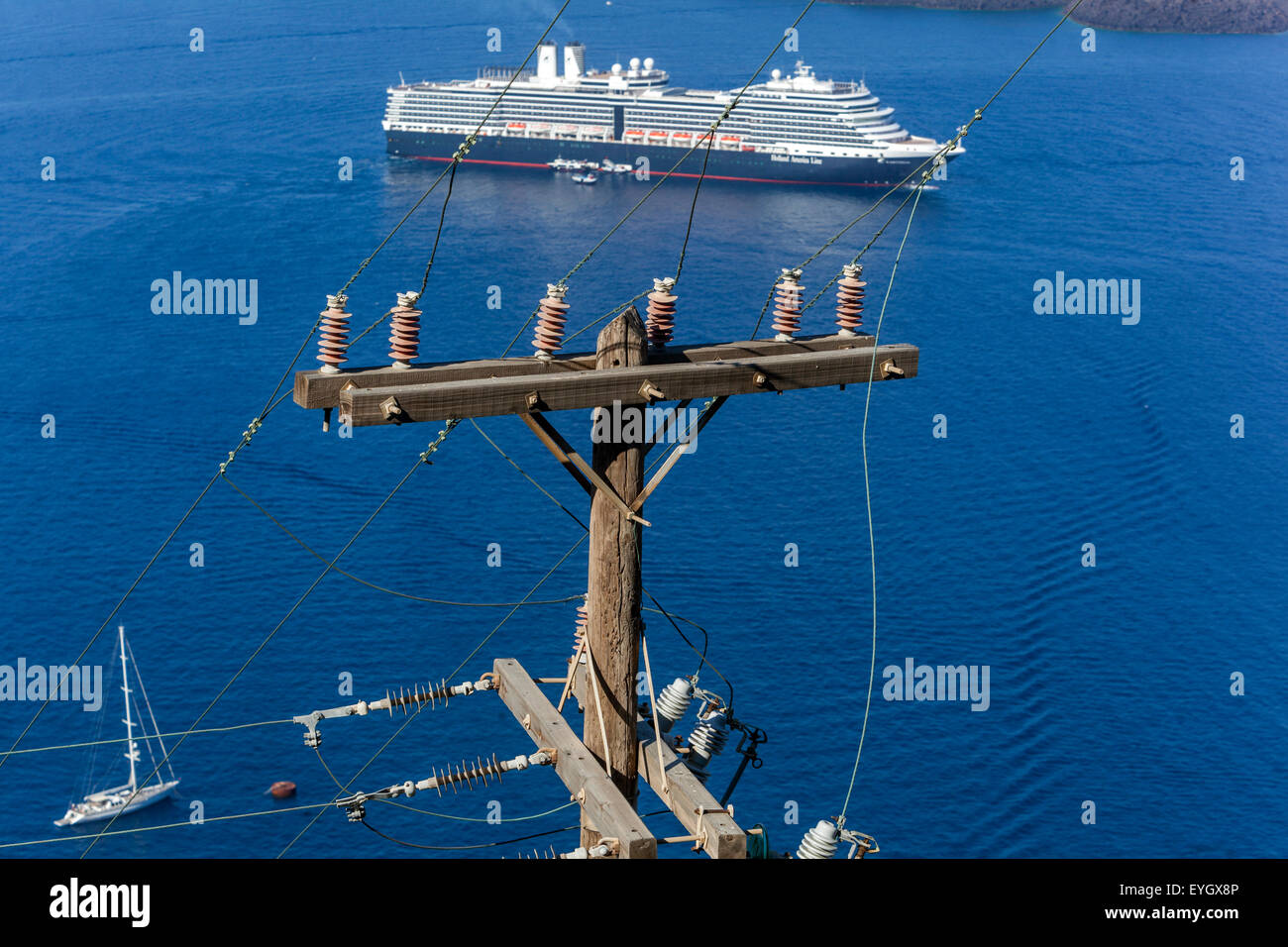 Power lines, Thira Santorini, Cyclades, Greek Island, Greece, EU, Europe Stock Photo