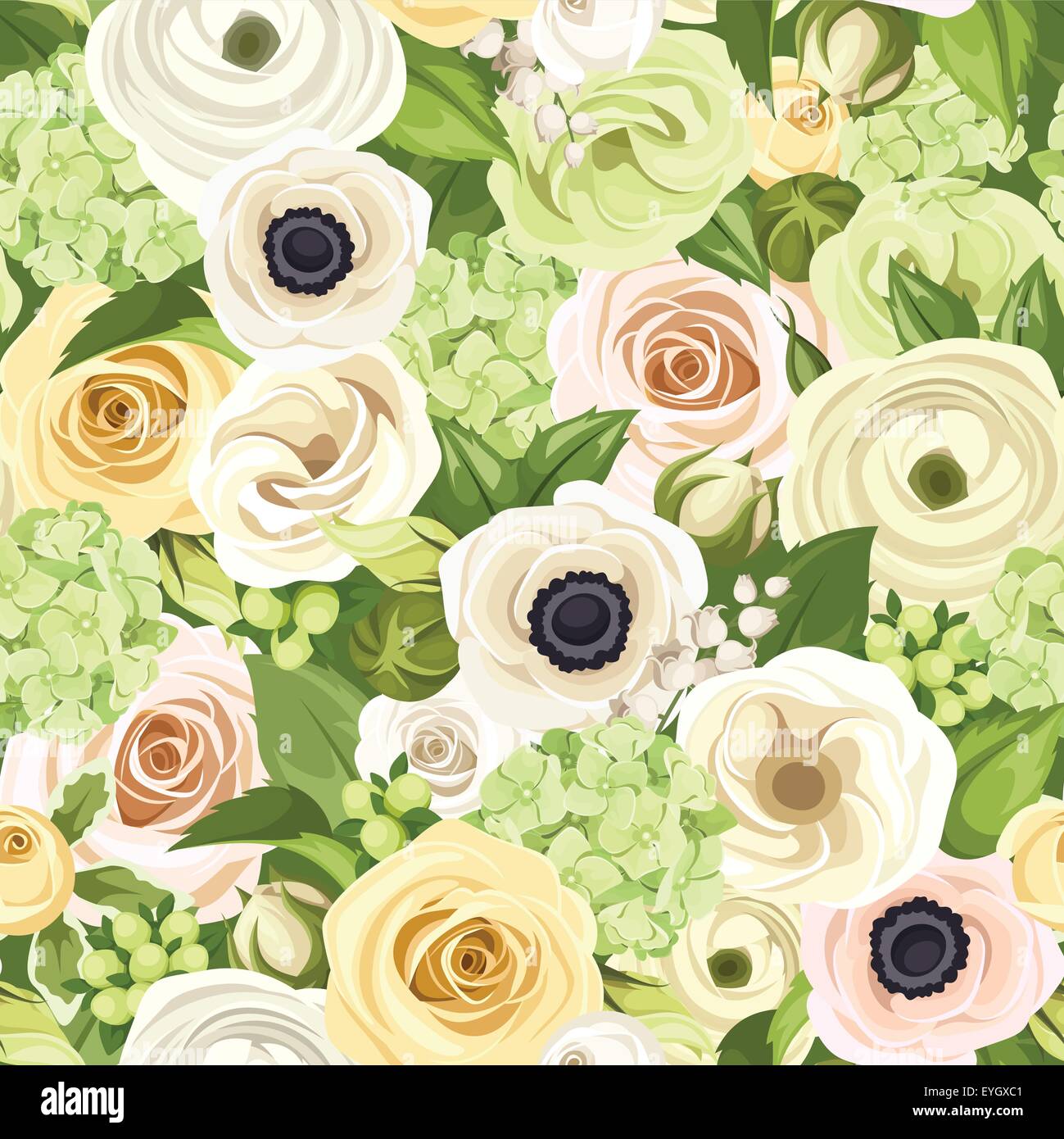 Seamless background with white, yellow and green flowers and leaves