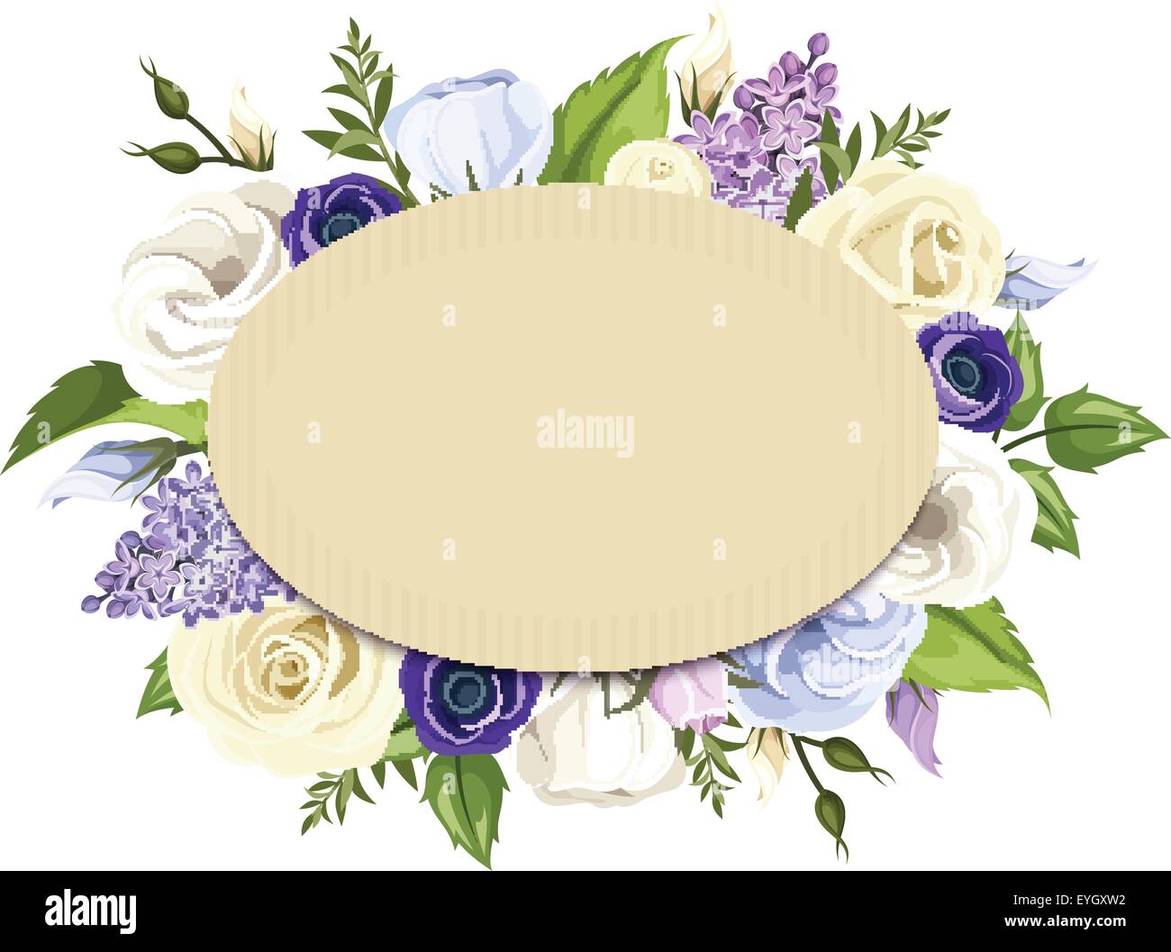 Cardboard card with blue, purple and white roses, lisianthuses, anemones and lilac flowers. Vector eps-10. Stock Vector