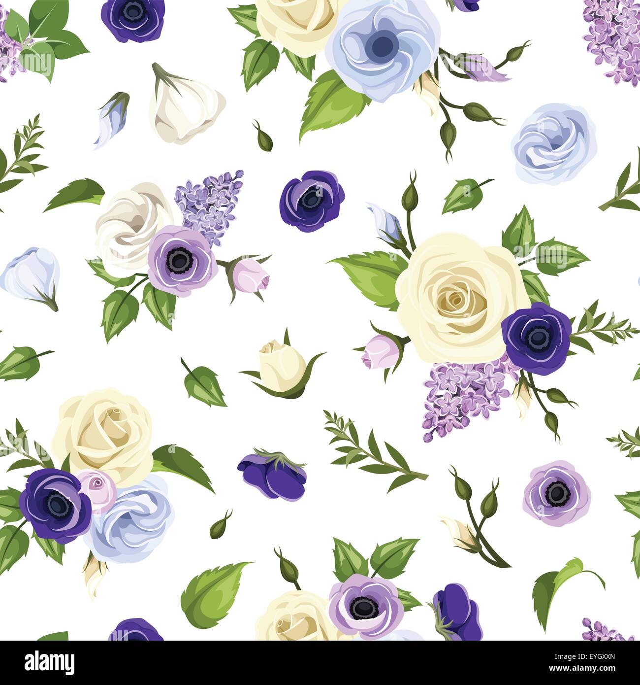 Seamless pattern with blue, purple and white roses, lisianthuses, anemones and lilac flowers. Vector illustration. Stock Vector