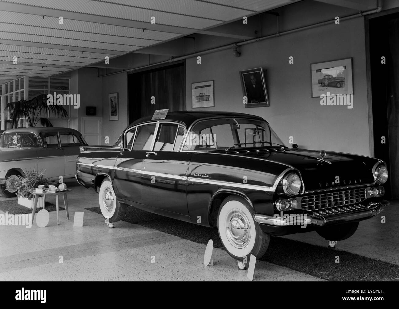 Cardiff, 1959. Vauxhall Cresta Motor Car resting on Tea Cups. Nash