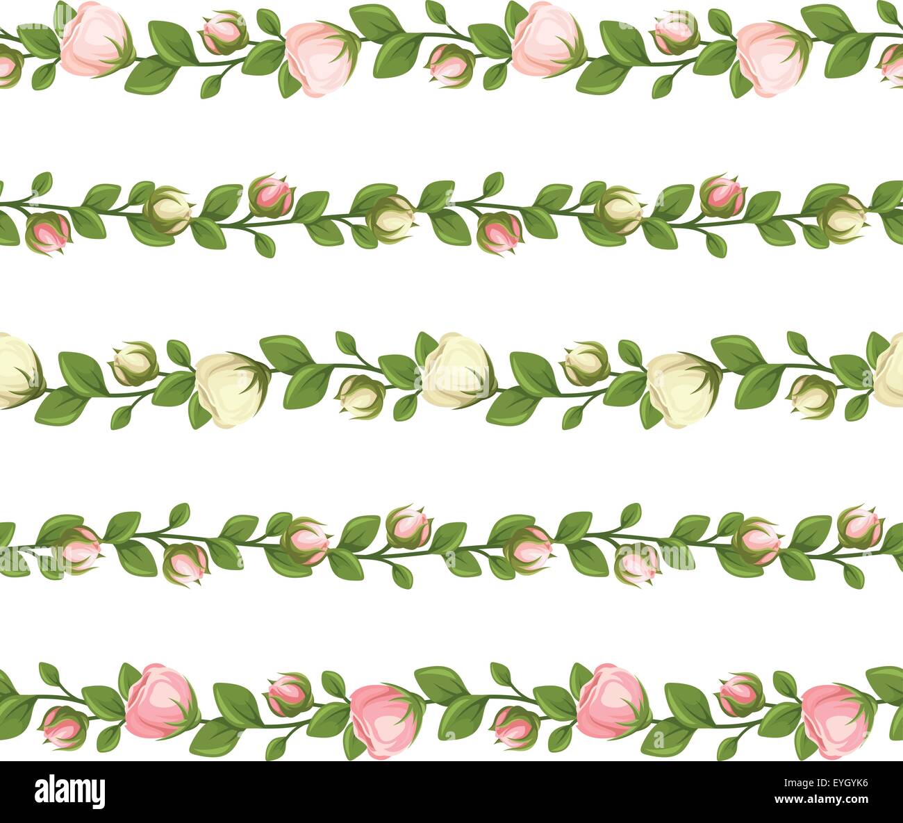 Set of horizontal seamless garlands with pink and white flowers. Vector