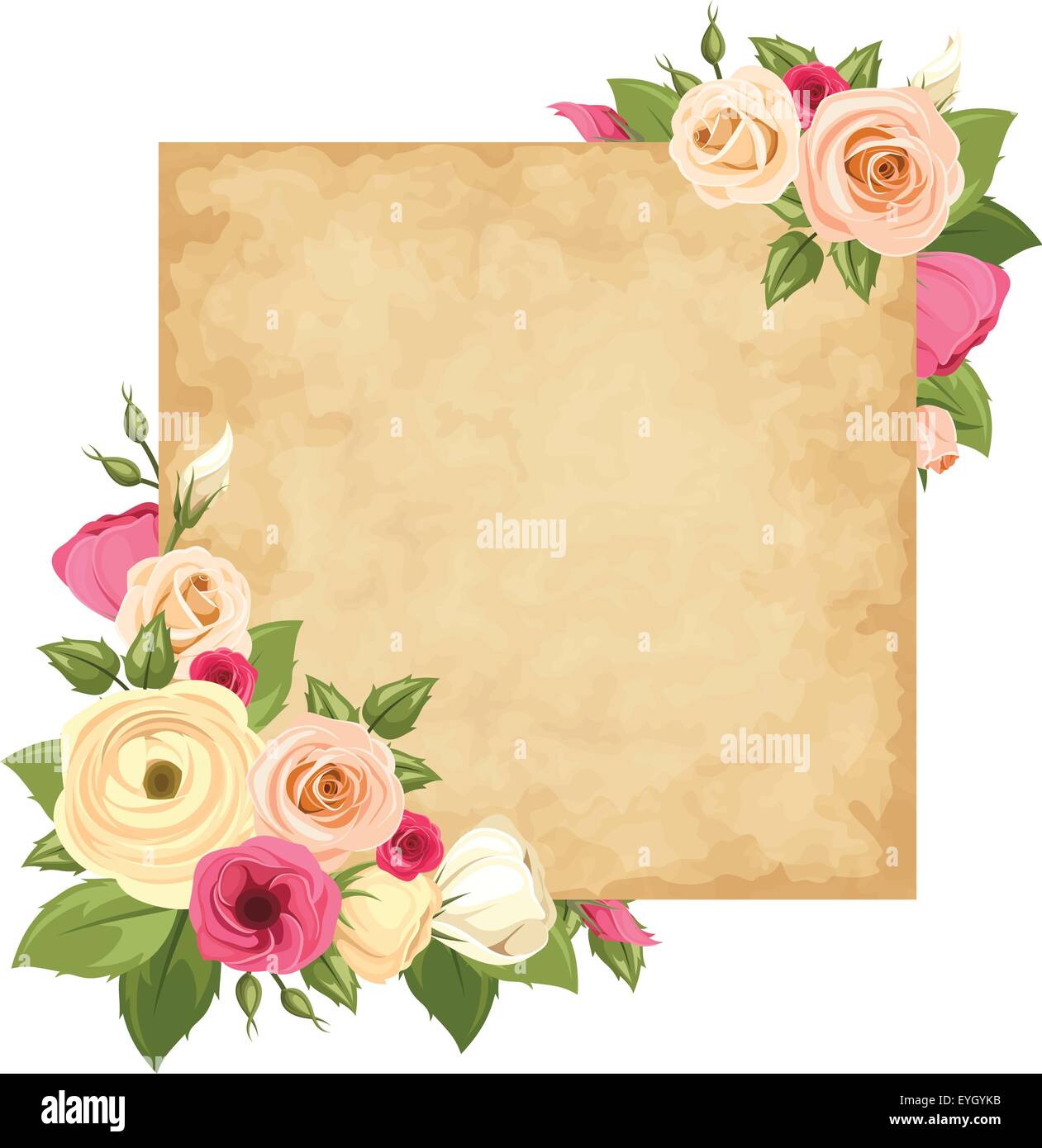 Parchment Colour Roses Parchment card with pink and orange roses, lisianthuses and ranunculus ...