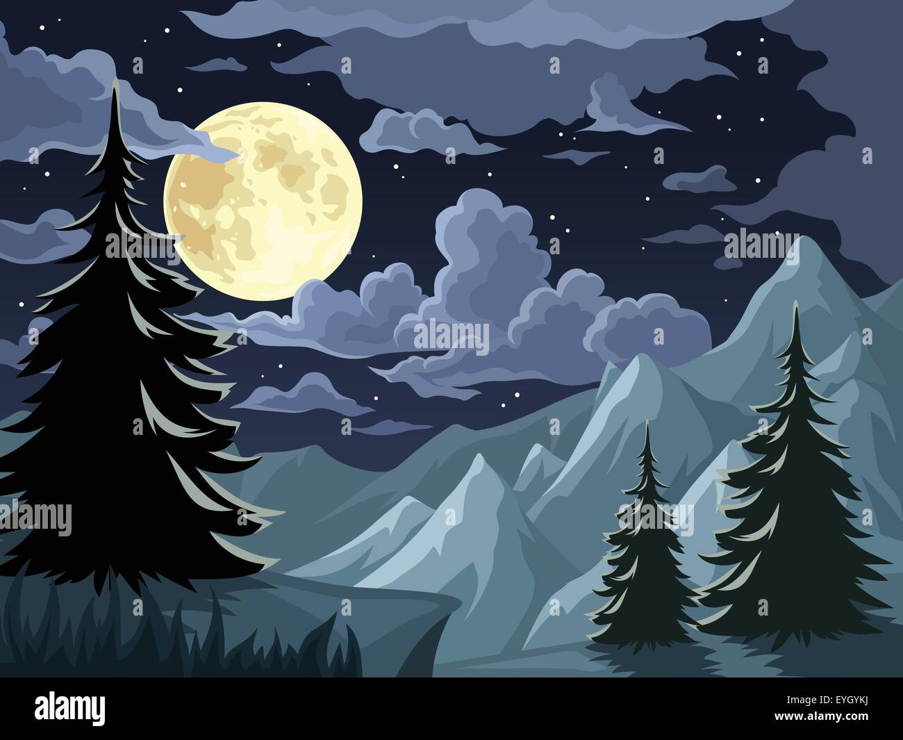 Night Landscape With Trees Mountains And Full Moon Vector Stock Vector Image Art Alamy