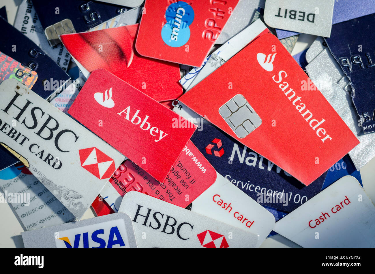 Cut Up Credit and Debit Cards Stock Photo Alamy