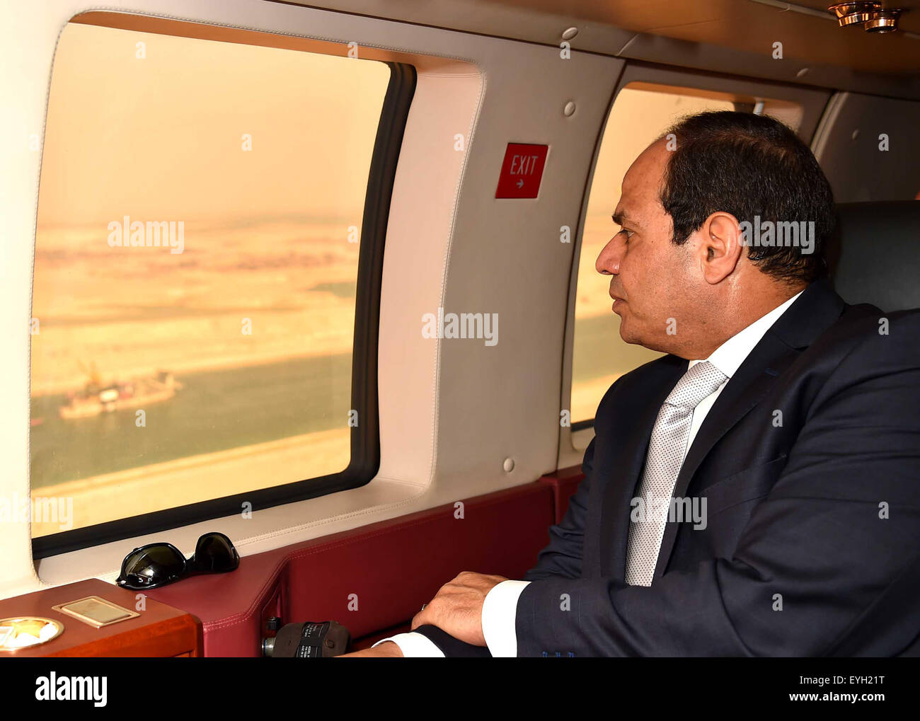 Egyptian President Abdel Fatah Al-Sisi makes an air inspection of the new Suez Canal, nearing completion after 1 year of work. Stock Photo