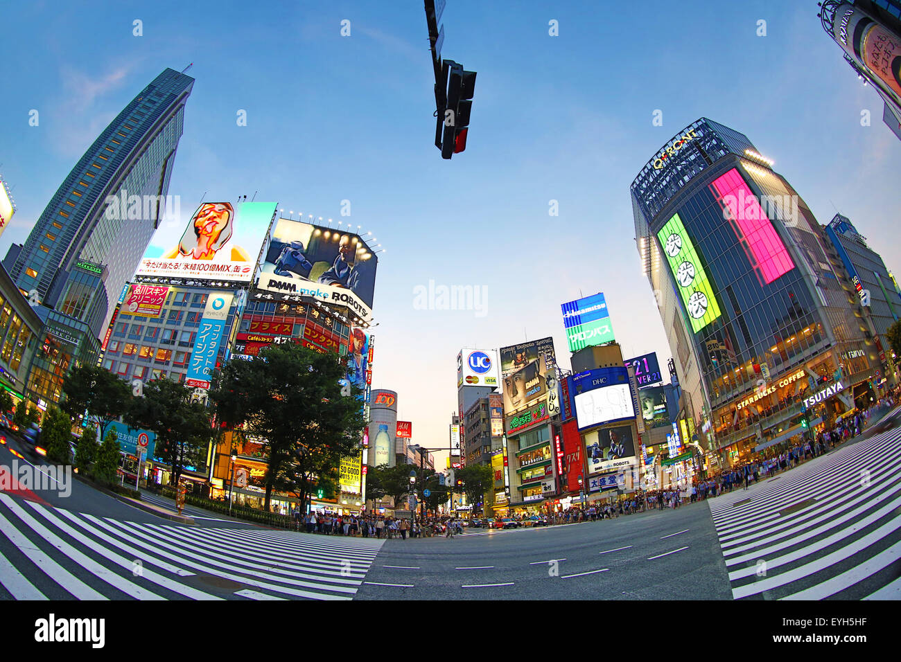 Sunset at the pedestrian crossing at the intersection in Shibuya, Tokyo, Japan Stock Photo