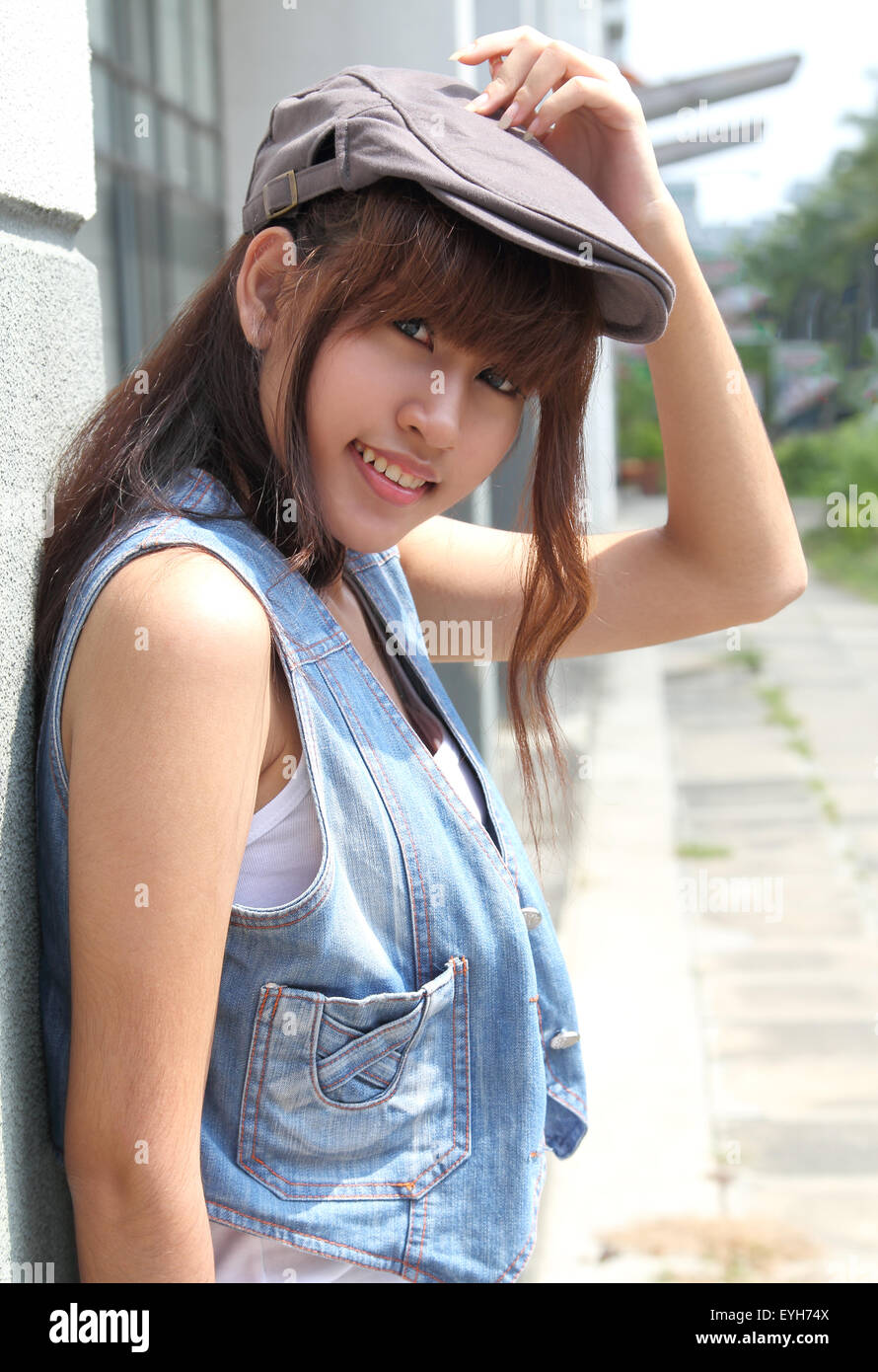 image of portrait young asian woman in jeans fashion outdoor Stock ...