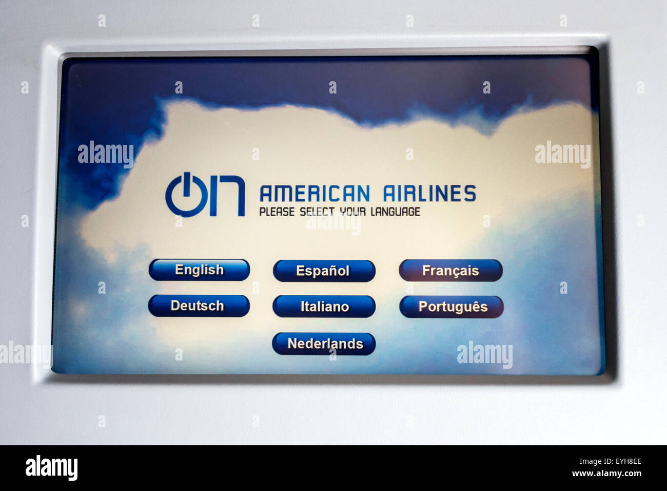 Miami Florida,International Airport,MIA,first class cabin,onboard,American Airlines,video monitor,screen,multiple languages,bilingual,multilingual,FL1 Stock Photo