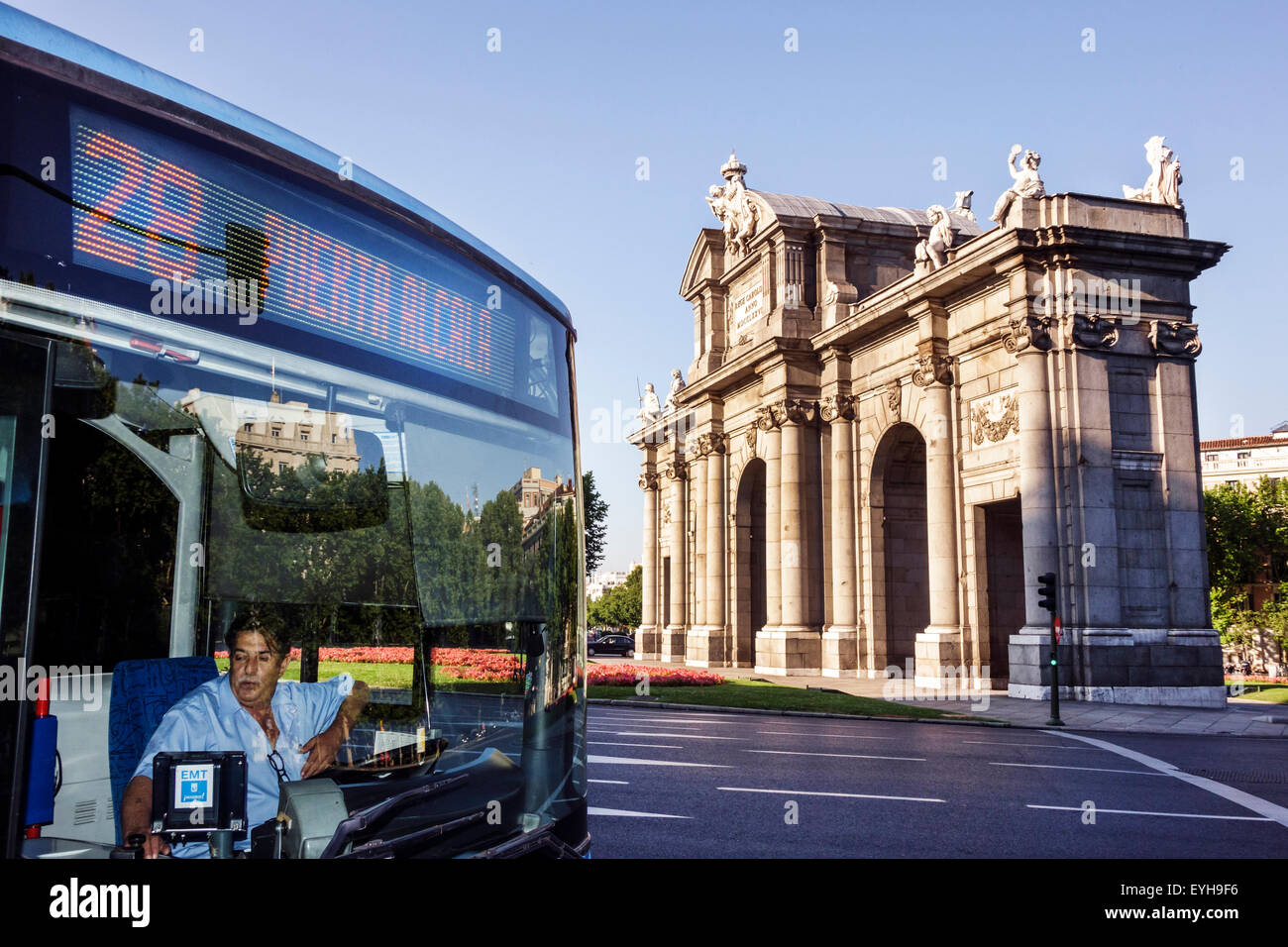 Madrid Spain,Recoletos,Salamanca,Puerta de Alcala,Calle de Alcala,Plaza de la Independencia,monument,Francesco Sabatini,neoclassical architecture,bus, Stock Photo