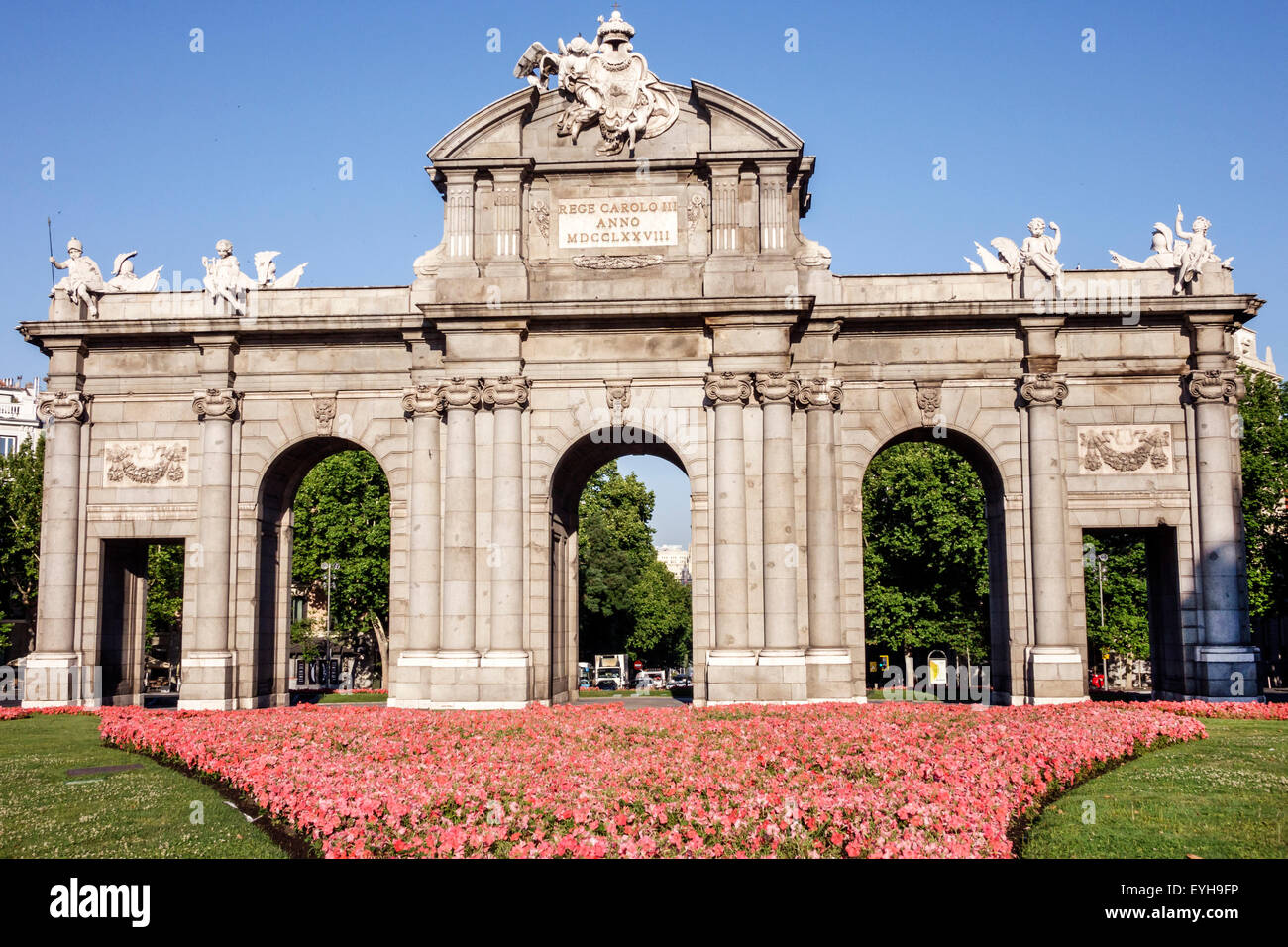 Madrid Spain,Recoletos,Salamanca,Puerta de Alcala,Calle de Alcala,Plaza de la Independencia,monument,Francesco Sabatini,neoclassical architecture,Spai Stock Photo