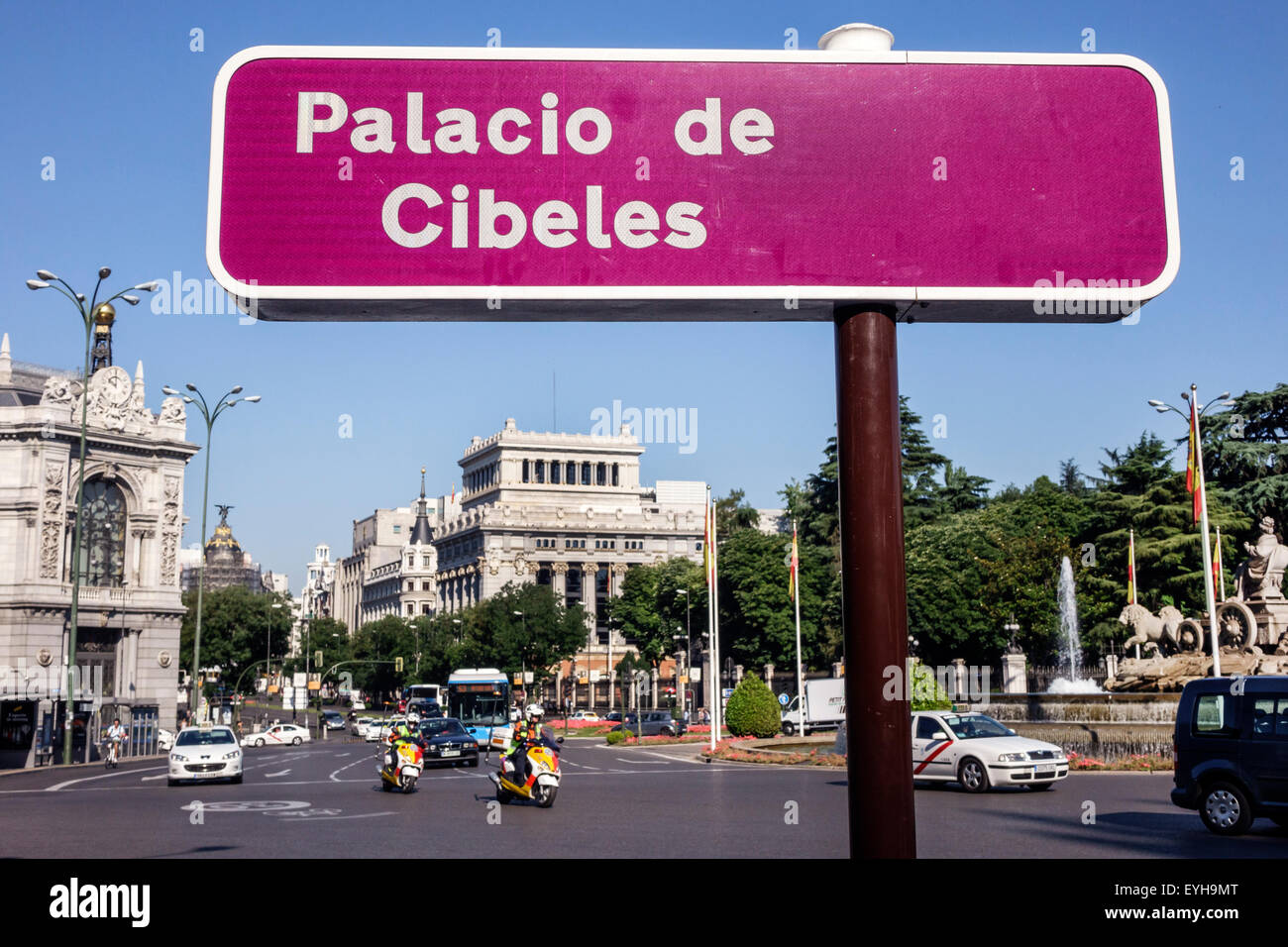 Madrid Spain,Plaza Cibeles,Palacio de Cibeles,Palacio de Comunicaciones,Spanish heritage register,cultural property,sign,location,traffic circle,Spain Stock Photo