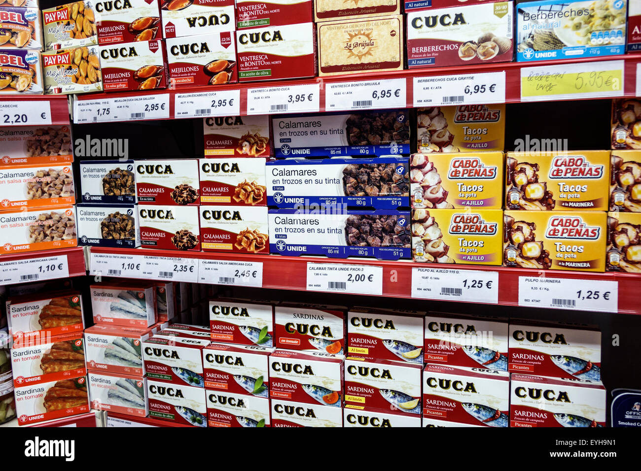 madrid spain europe spanish food shopping market display shelf brand EYH9N1