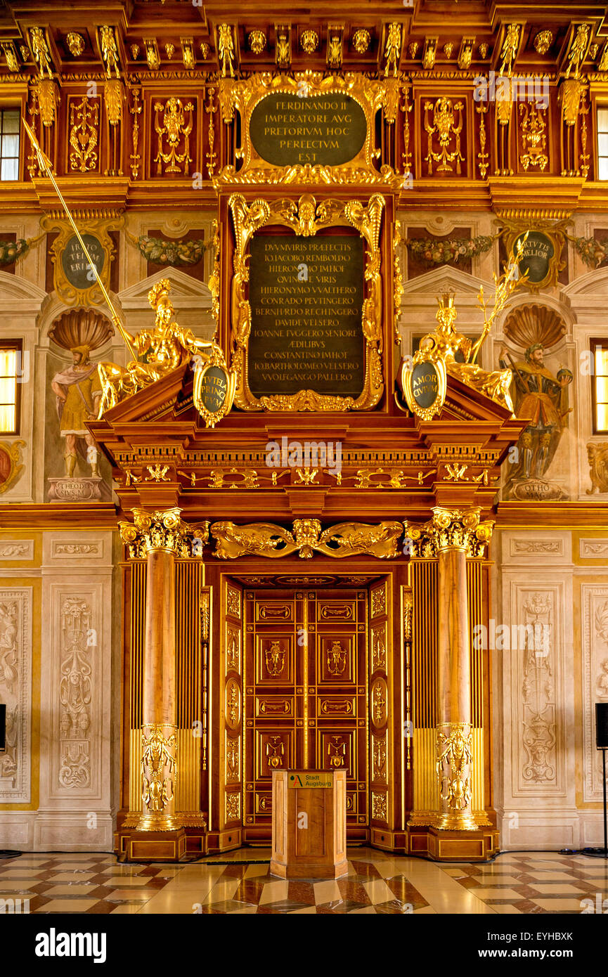 Golden Hall with main entrance, Grand Hall of the late Renaissance, designed by Johann Matthias Kager, town hall, Augsburg Stock Photo