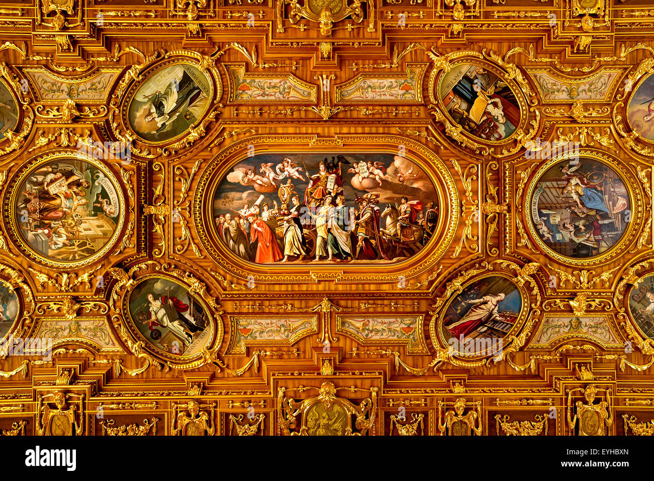 Coffered ceiling with the main painting of Sapientia and other paintings, Golden Hall, Grand Hall of the late Renaissance, Stock Photo