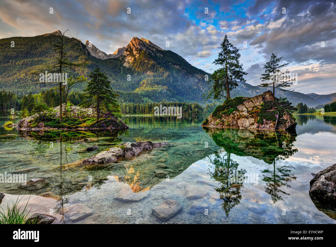 Alps, lake Hintersee in first light (in July). Stock Photo