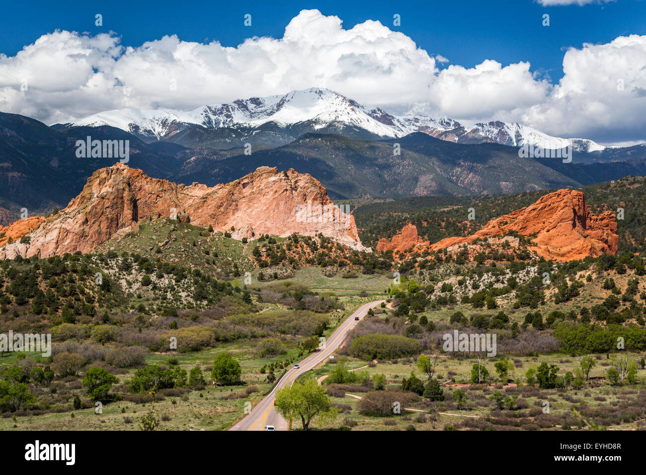 The rock formations of  Garden of the Gods National Natural Landmark and Pike's Peak, near Colorado Springs, Colorado, USA Stock Photo