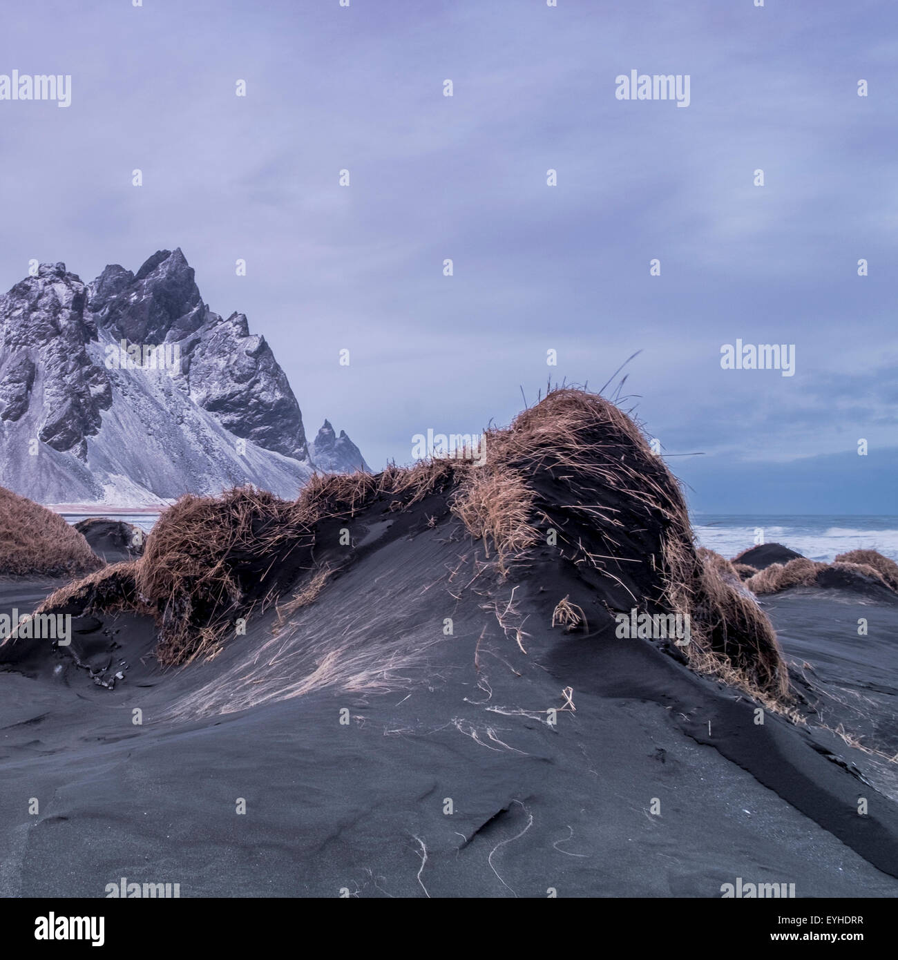 Stokksnes nature area whit Vestra-Horn unstratified mountain background, Hofn, Iceland Stock Photo