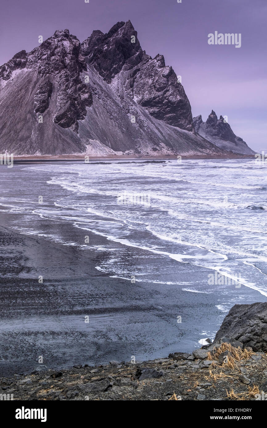 Stokksnes nature area whit Vestra-Horn unstratified mountain background, Hofn, Iceland Stock Photo