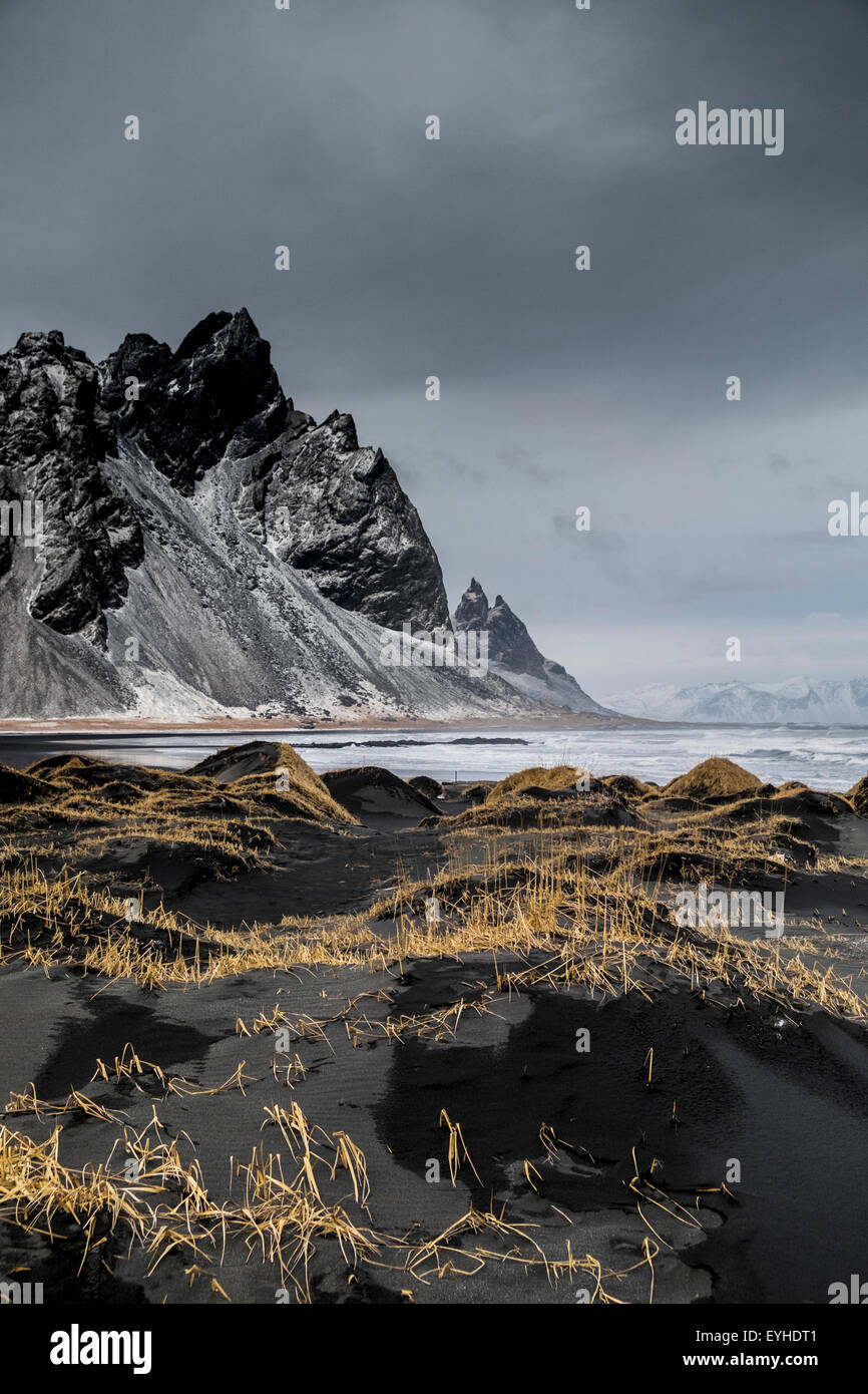 Stokksnes nature area whit Vestra-Horn unstratified mountain background, Hofn, Iceland Stock Photo