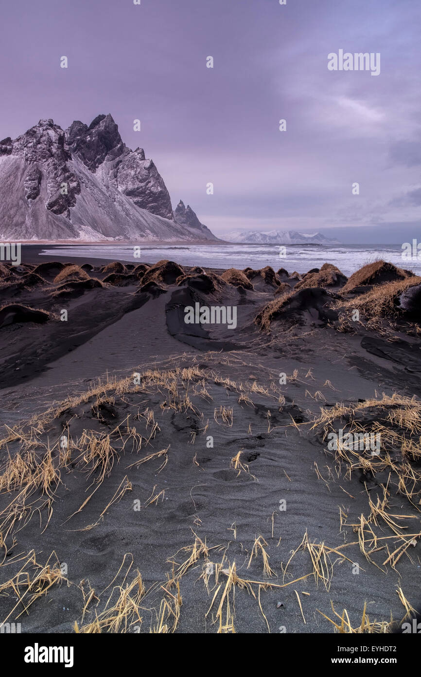 Stokksnes nature area whit Vestra-Horn unstratified mountain background, Hofn, Iceland Stock Photo