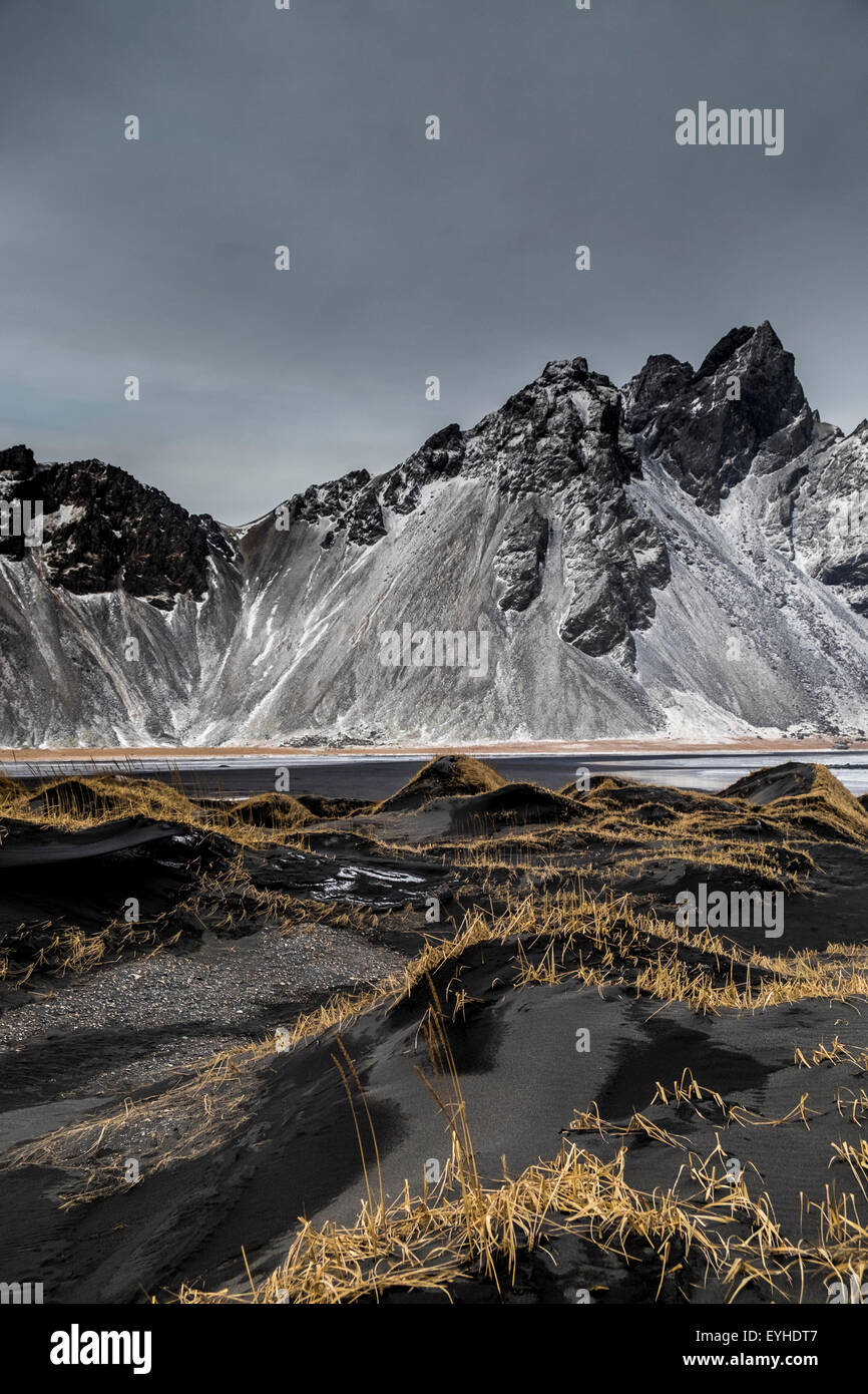 Stokksnes nature area whit Vestra-Horn unstratified mountain background, Hofn, Iceland Stock Photo