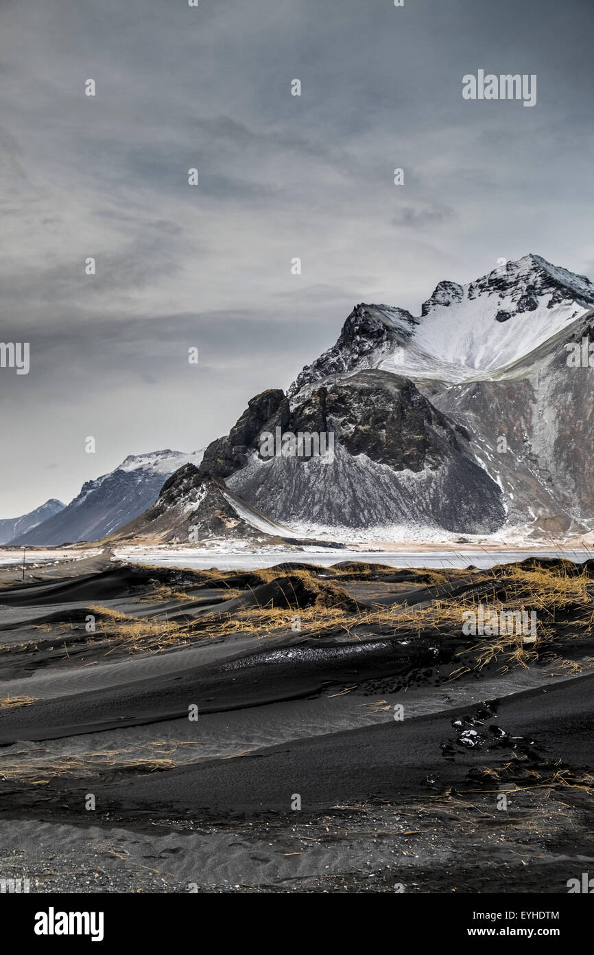 Stokksnes nature area whit Vestra-Horn unstratified mountain background, Hofn, Iceland Stock Photo