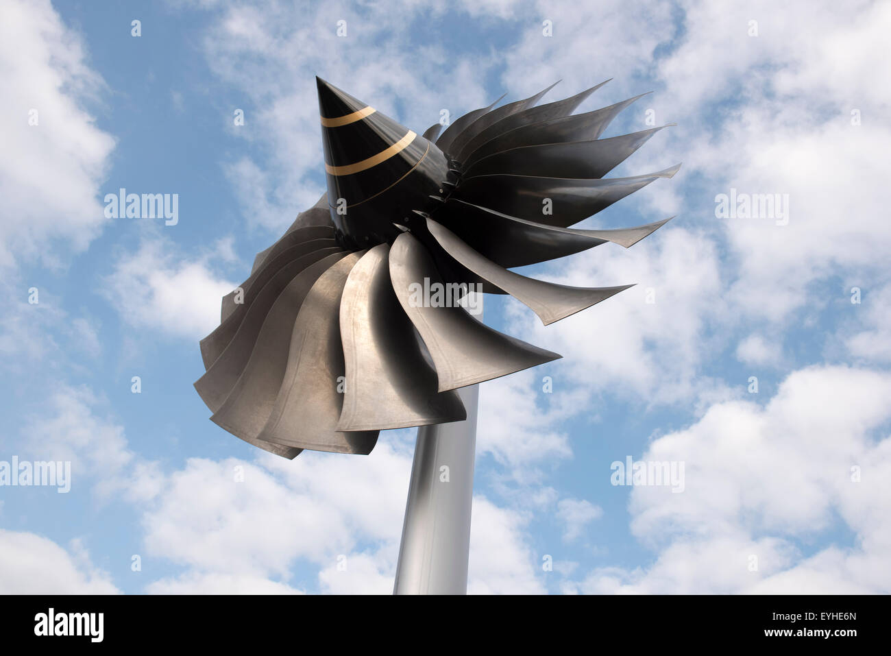 Sculpture made from an aircraft jet engine shot against the sky outside East Midlands Airport Terminal Stock Photo
