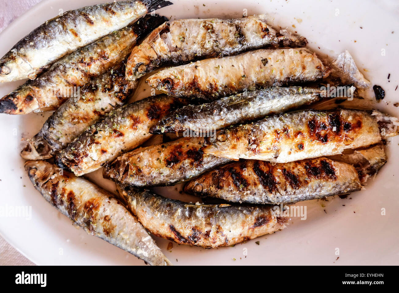 Greek Cuisine. Grilled Sardines, Skala Eressou, Lesbos, Greece Stock Photo