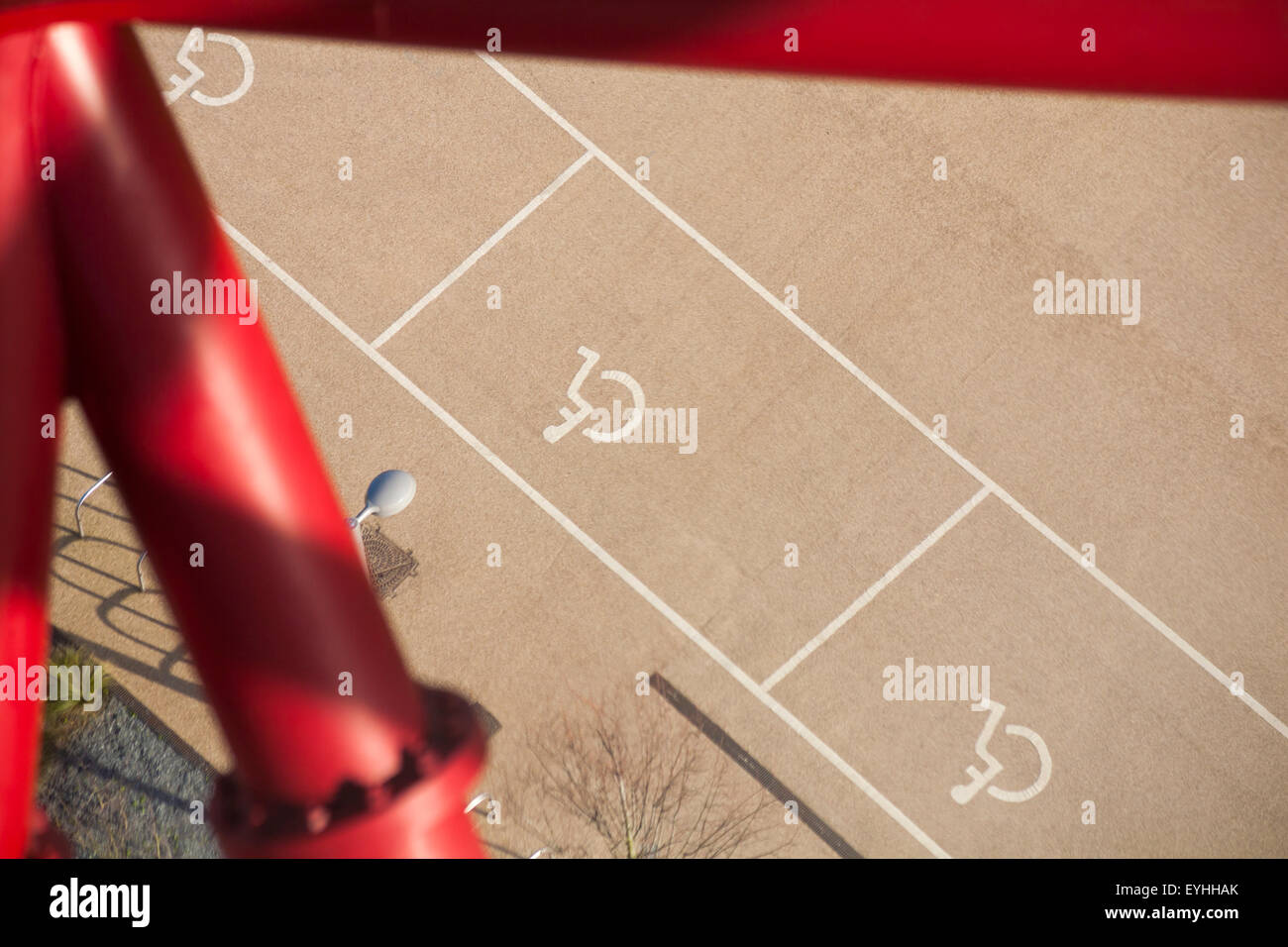 Disabled parking spaces looking down from the Arcelor Mittal Orbit at Queen Elizabeth Olympic Park, Stratford, London Stock Photo