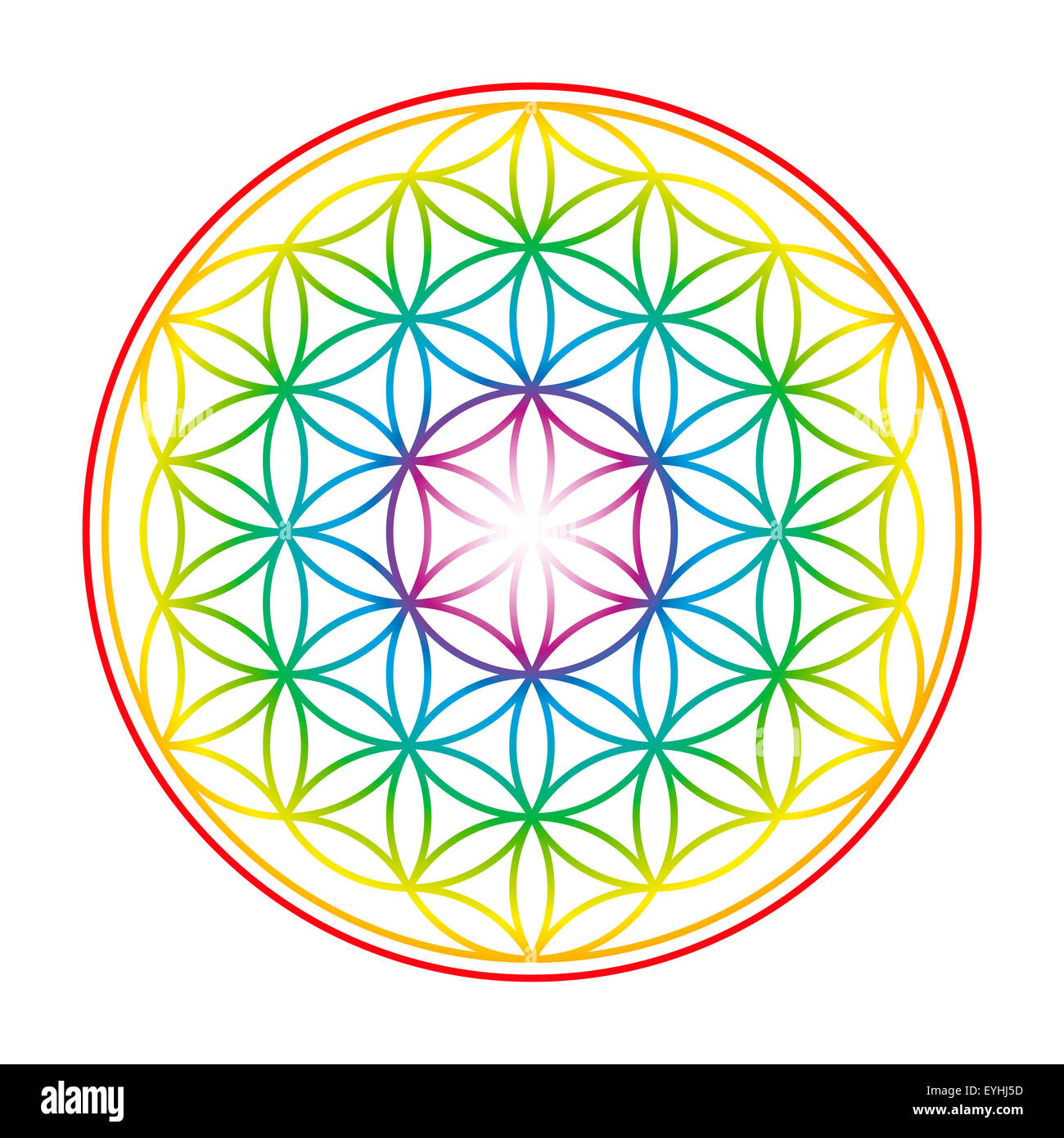Flower of Life shown as an gently glowing rainbow colored symbol of harmony. Illustration on white background. Stock Photo
