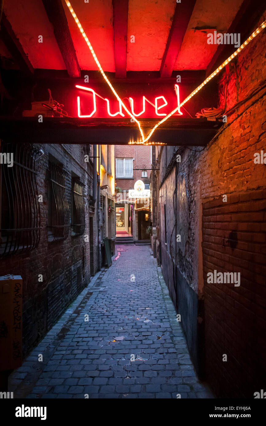Duvel beer sign in passage in Brussels old town Stock Photo