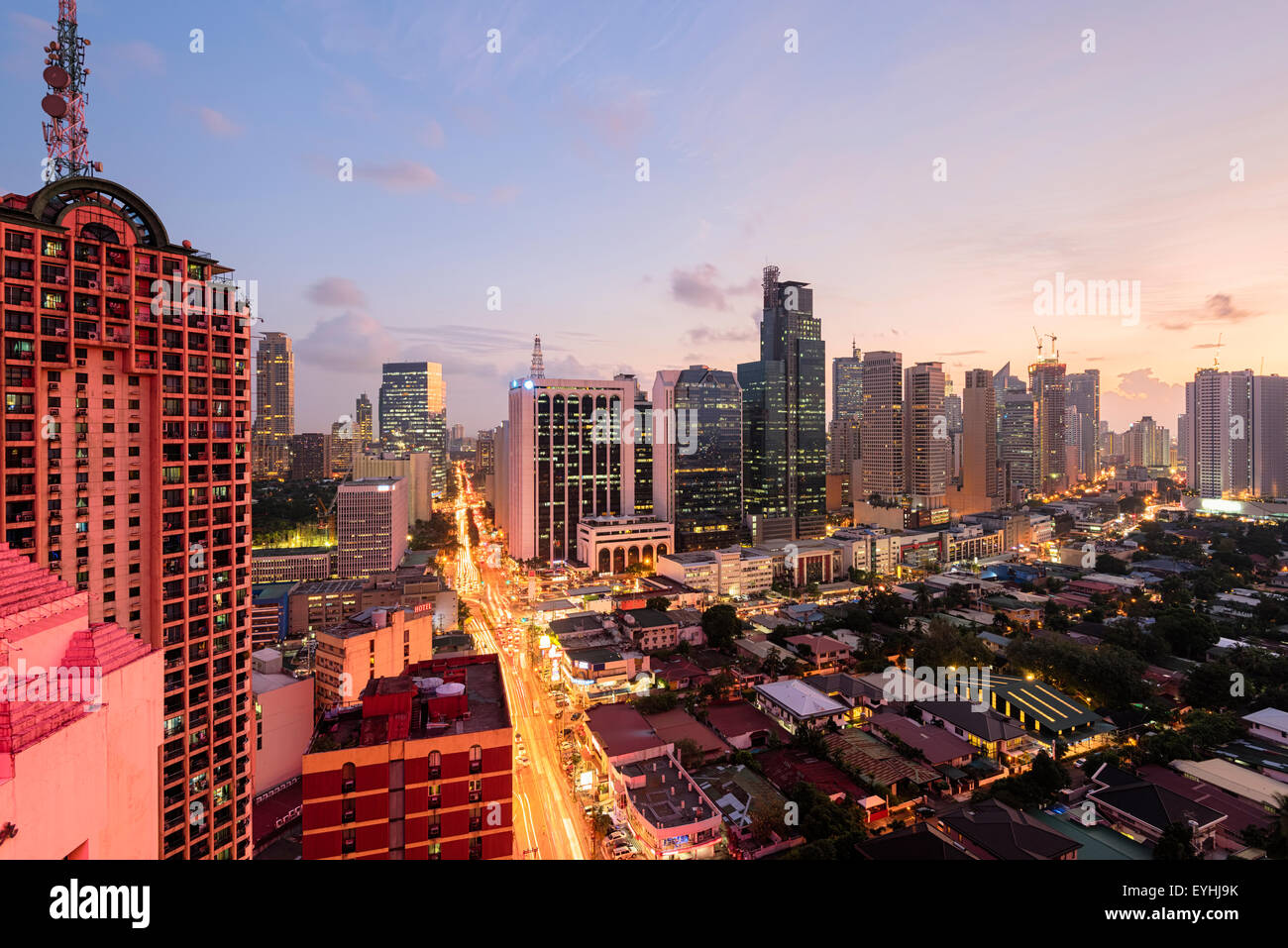 Eleveted, night view of Makati, the business district of Metro Manila. Stock Photo
