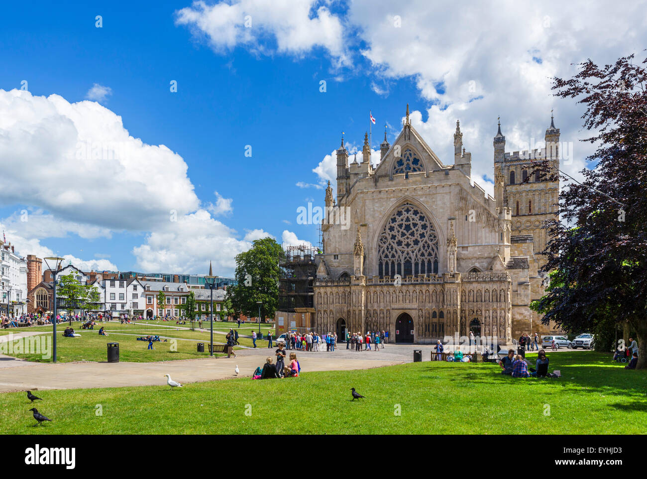 Exeter Cathedral and Cathedral Yard from Cathedral Green, Exeter, Devon, England, UK Stock Photo