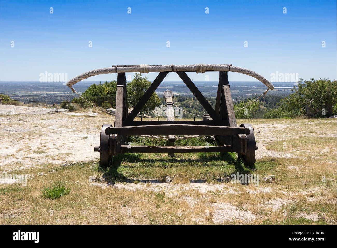 Old wooden medieval catapult at Les Baux de Provence, France Stock Photo