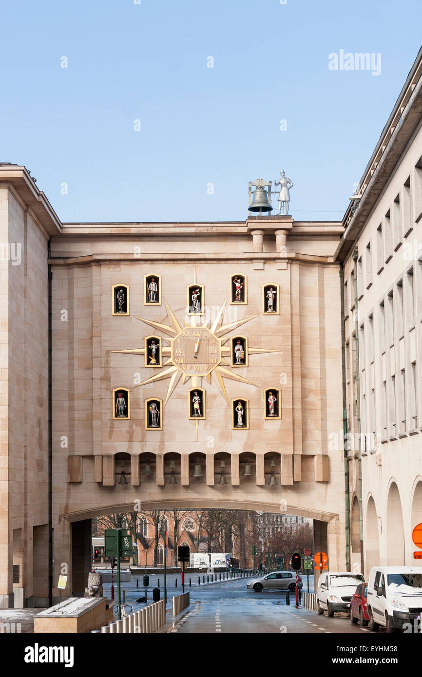 A carillon clock on an overpass in the Mont des Arts in Brussels, Belgium Stock Photo