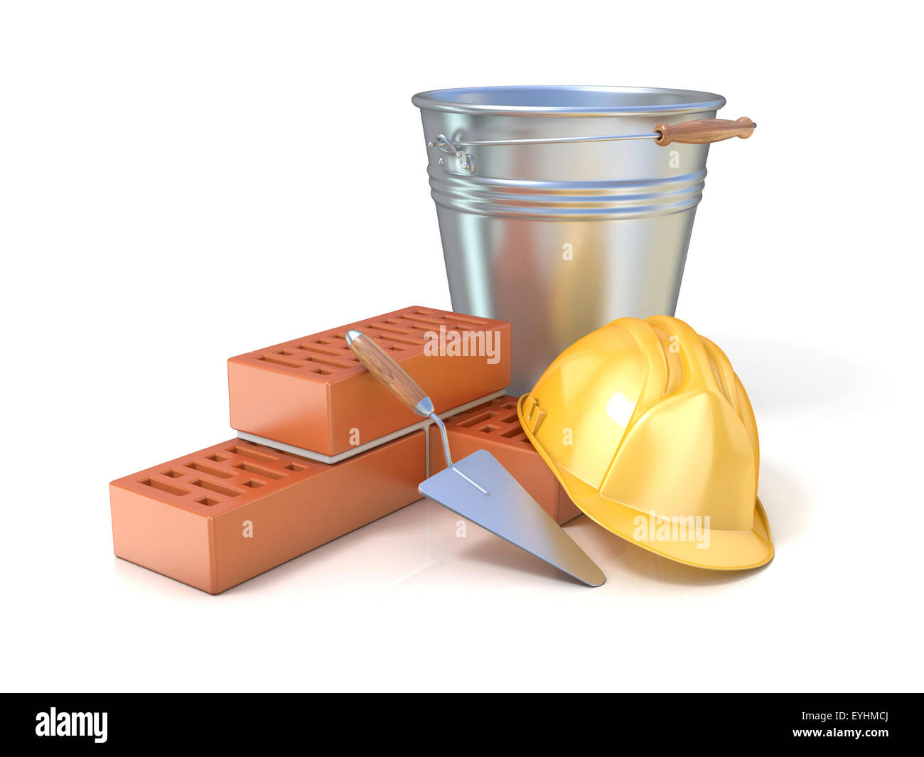 Fragment of red brick wall, trowel, metal bucket and safety helmet